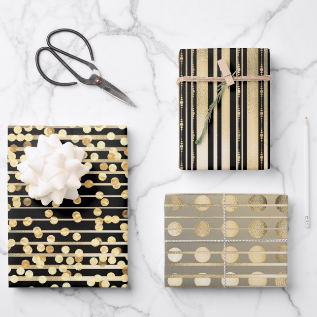 Gold black confetti stripes elegant formal pattern wrapping paper sheet (Front)