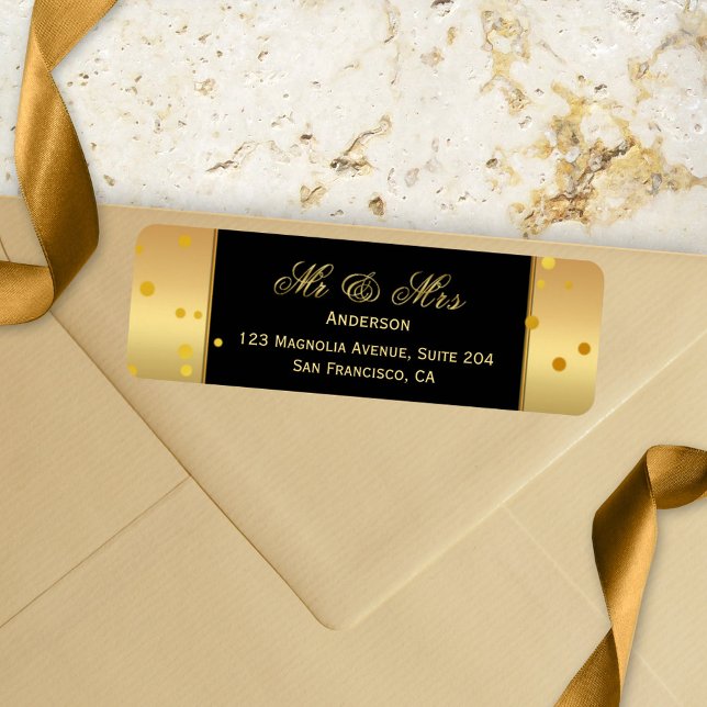 Gold Black Confetti Wedding Return Address Label (A chic faux gold wedding return address label with glitter confetti on a black background)