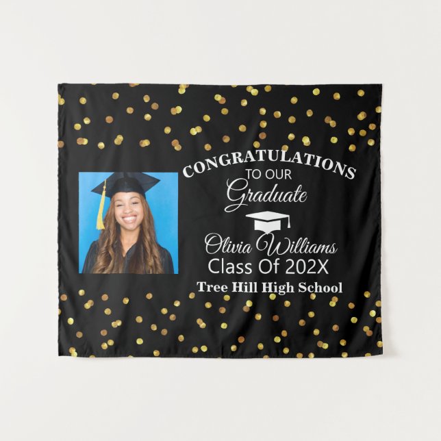 Gold black Congrats Graduate Photo Class of 2021 Tapestry (Front (Horizontal))