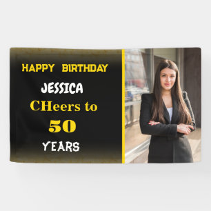 Gold Black Custom Happy Birthday Photo Party Banner
