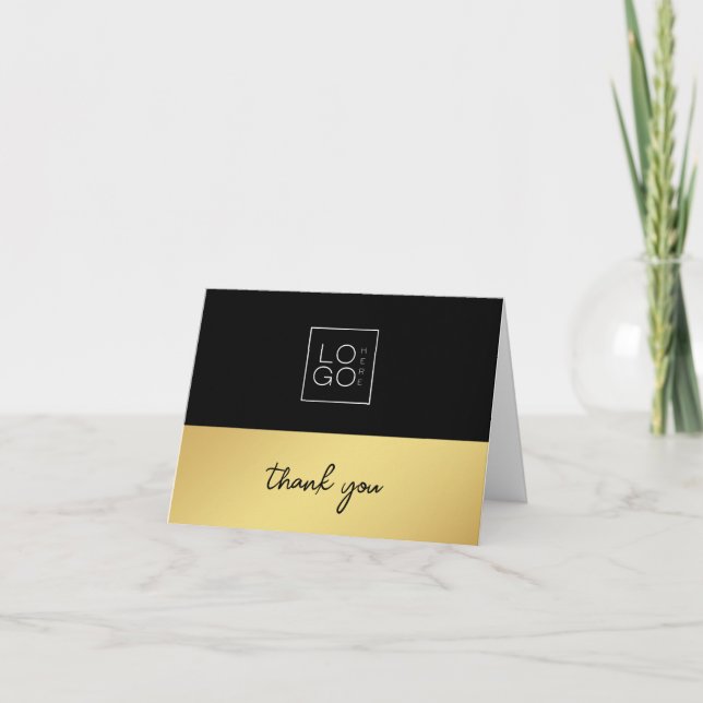 Gold & Black Custom Square Logo Business Company Thank You Card (Front)