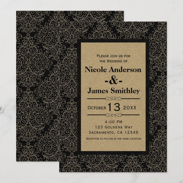 Gold & Black Damask Art Deco Glamour Chic Wedding Invitation (Front/Back)