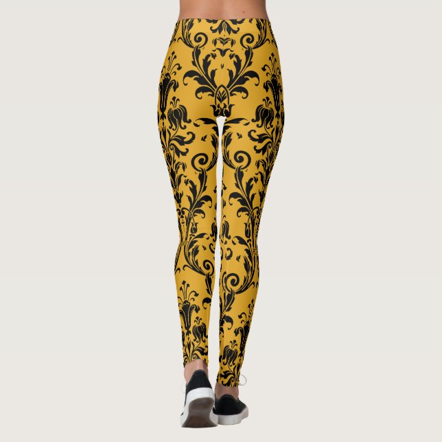 Gold & Black Damask Floral Swirls Leggings (Back)