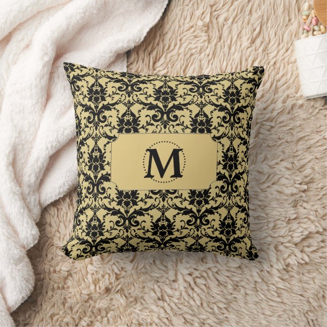 Gold Black Damask Monogram Cushion (Blanket)