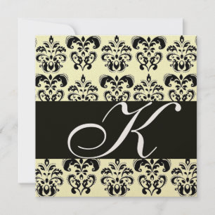 GOLD & BLACK  DAMASK MONOGRAM , white Invitation