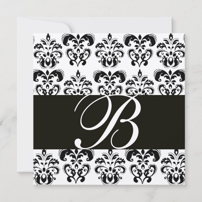 GOLD & BLACK  DAMASK MONOGRAM , white Invitation (Front)