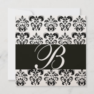 GOLD & BLACK  DAMASK MONOGRAM , white Invitation
