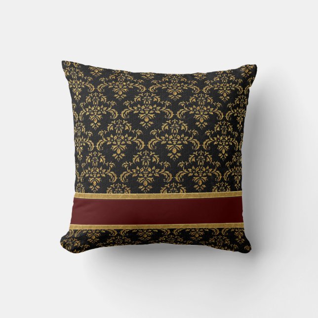 Gold & Black Damask Pattern Cushion (Front)