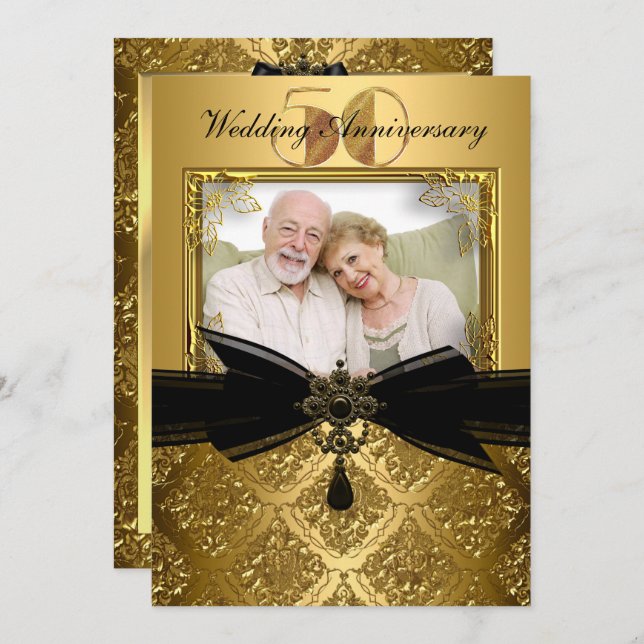 Gold Black Damask Photo 50th Anniversary Invite (Front/Back)