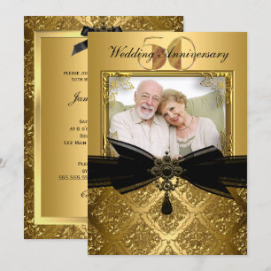Gold Black Damask Photo 50th Anniversary Invite