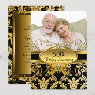 Gold Black Damask Photo 50th Anniversary Invite