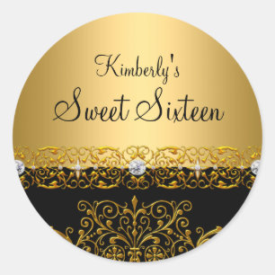 Gold & Black damask Sweet Sixteen Sticker