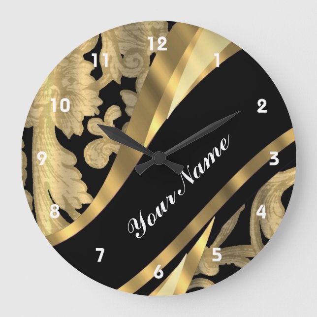 Gold & black damask swirl large clock (Front)