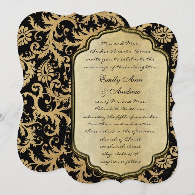 Gold & Black Damask Swirls Wedding Invitation (Front/Back)