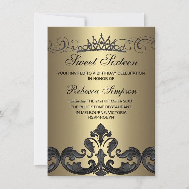 Gold & Black Damask & Tiara Birthday Invitation (Front)