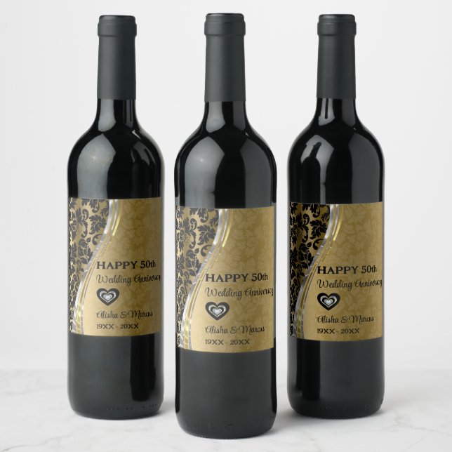 Gold & Black Damask Wedding Anniversary Wine Label (Bottles)