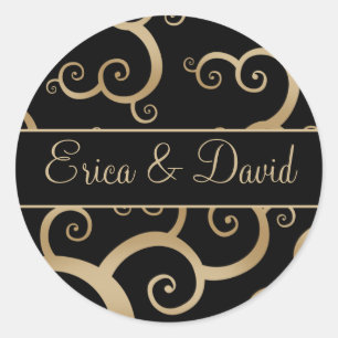 Gold Black Damask Wedding Invitations Classic Round Sticker