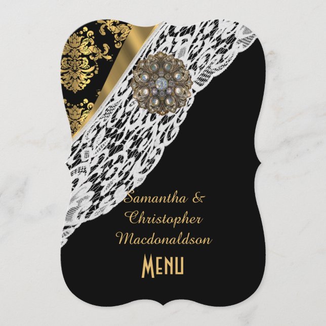 Gold black damask white lace wedding menu (Front)