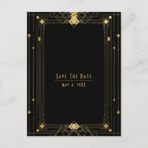 Gold Black Deco Gatsby Roaring 20's Save the Date Announcement Postcard