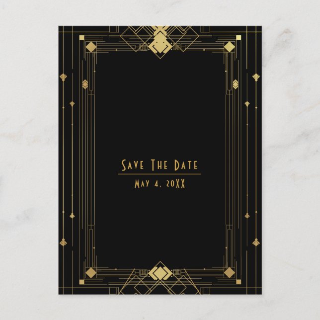 Gold Black Deco Gatsby Roaring 20's Save the Date Announcement Postcard (Front)