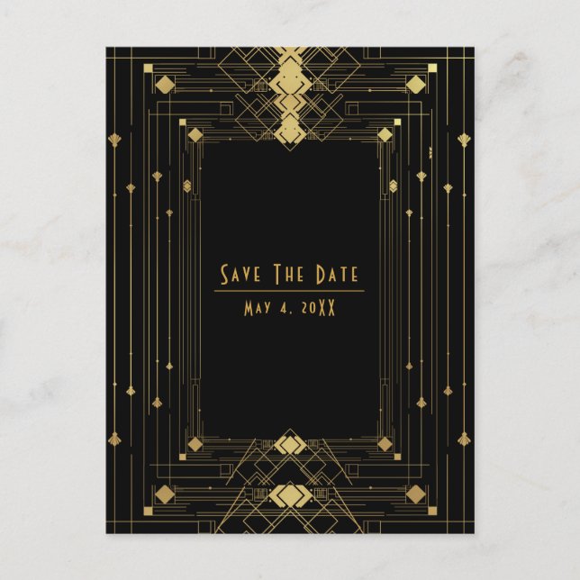 Gold Black Deco Gatsby Roaring 20's Save the Date Announcement Postcard (Front)
