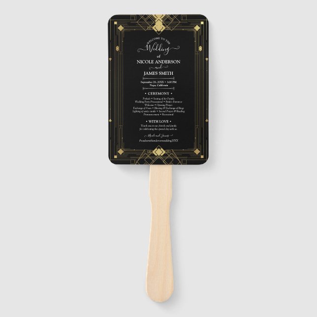 Gold Black Deco Glam Roaring 20's Wedding Program Hand Fan (Front)