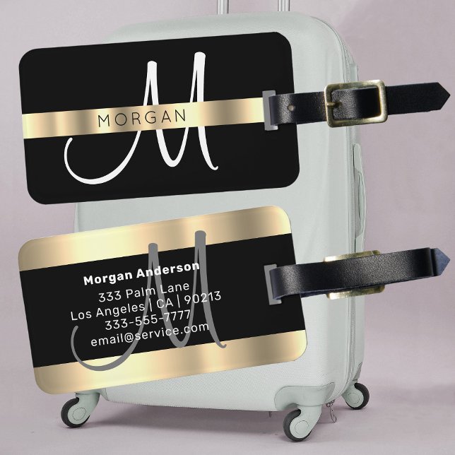Gold & Black Design, Name & Large Monogram  Luggage Tag (Creator Uploaded)