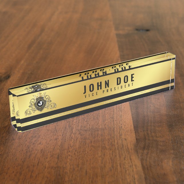 Gold-Black Desk Nameplate with Monogram (Side)