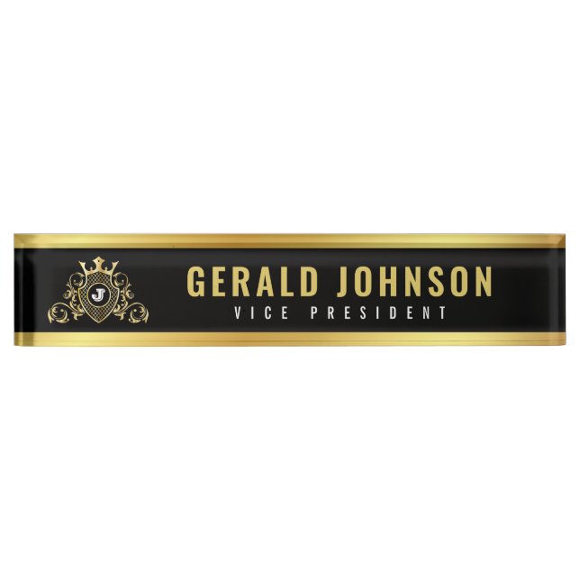 Gold-Black Desk Nameplate with Monogram (Front)