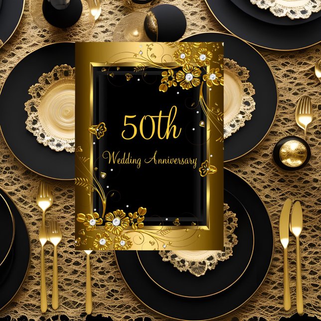 Gold Black Diamond Floral 50th Anniversary Party Invitation (Creator Uploaded)
