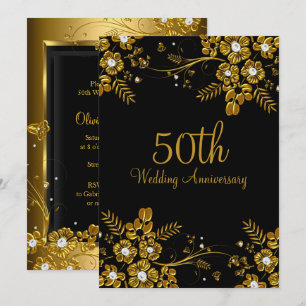 Gold Black Diamond Floral Swirl 50th Anniversary Invitation