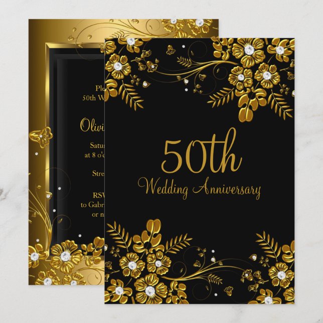 Gold Black Diamond Floral Swirl 50th Anniversary Invitation (Front/Back)