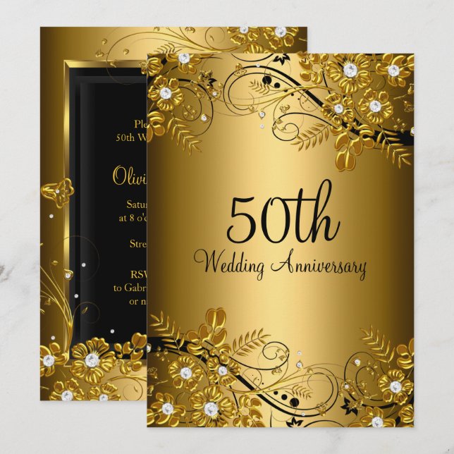 Gold Black Diamond Floral Swirl 50th Anniversary Invitation (Front/Back)
