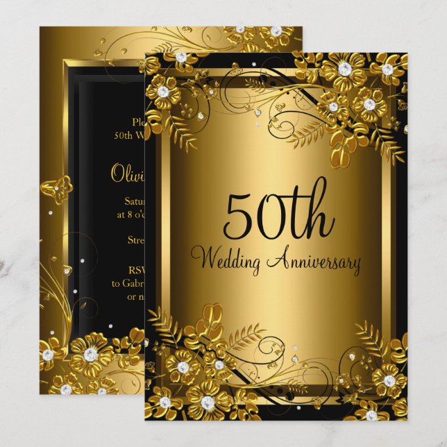 Gold Black Diamond Floral Swirl 50th Anniversary Invitation (Front/Back)