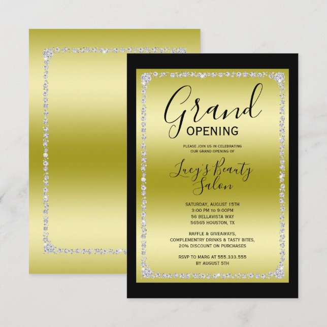 Gold & Black Diamond Framed Grand Opening Invitation (Front/Back)