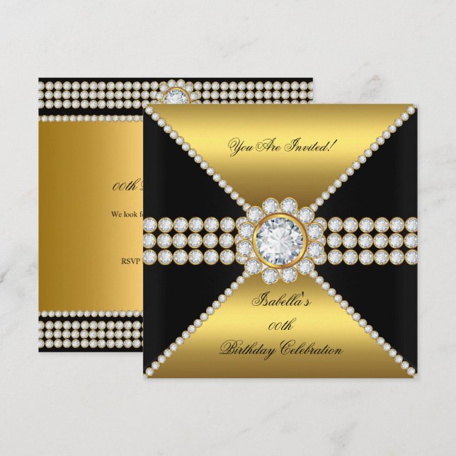 Gold Black Diamond Sophisticated Birthday Party Invitation (Front/Back)