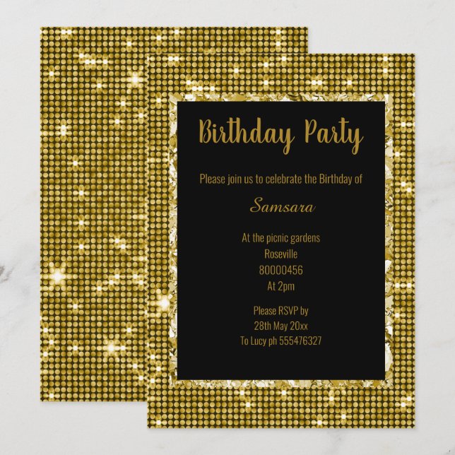 GOLD BLACK DISCO THEME ALL OCCASION BIRTHDAY BLK INVITATION (Front/Back)