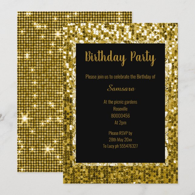 GOLD BLACK DISCO THEME SUPER SPARKLE BIRTHDAY BLK INVITATION (Front/Back)