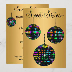 GOLD BLACK DISCOBALL  SWEET SIXTEEN PARTY INVITATION