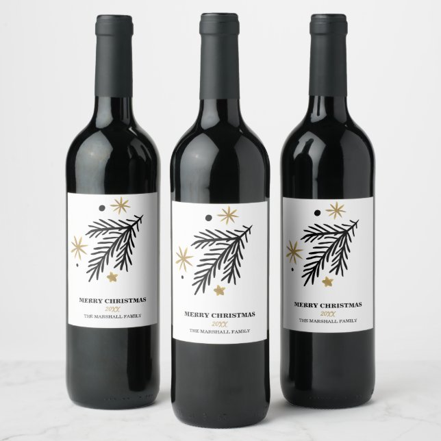 Gold Black doodle pine branch christmas holidays Wine Label (Bottles)