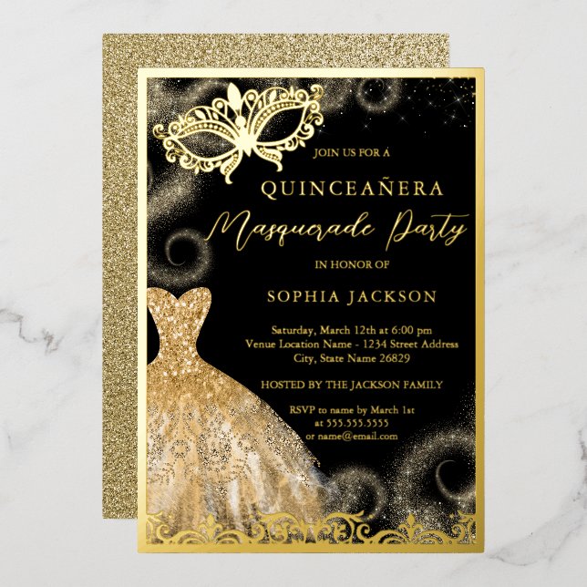 Gold Black Dress Masquerade Party Quinceanera   (Front/Back)