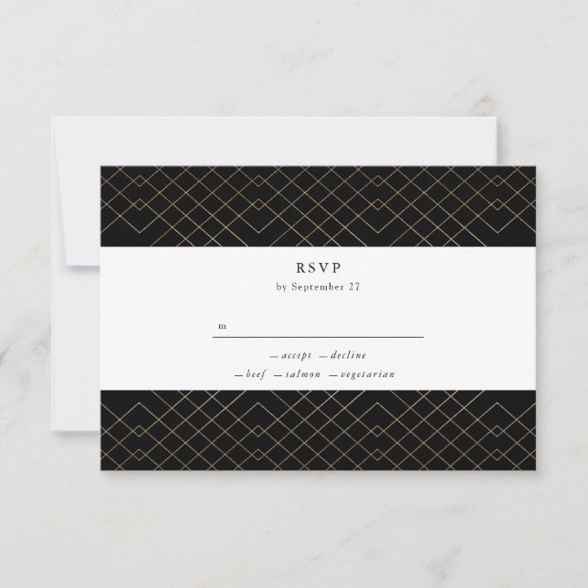 Gold Black Elegance Diamond Geo Deco Wedding RSVP Card (Front)