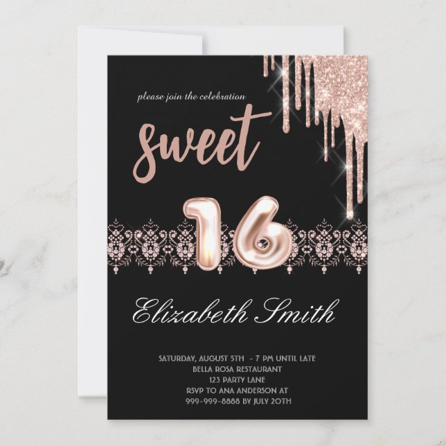  Gold-black elegance,  rose gold sweet sixteen    Invitation (Front)