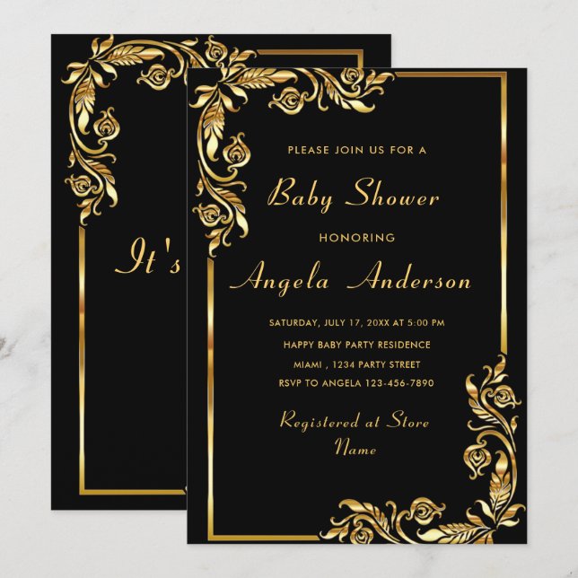 Gold Black Elegant Baby Girl Shower Invitation (Front/Back)