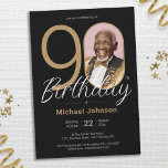 Gold Black Elegant Custom Photo 90th Birthday Invitation<br><div class="desc">Gold Black Elegant Custom Photo 90th Birthday Invitation. Elevate your milestone celebration with an invitation design that epitomises understated elegance and chic minimalism. Our black and gold theme exudes sophistication, creating a refined atmosphere for your special day. The custom photo feature adds a personalised touch, ensuring that each invitation is...</div>