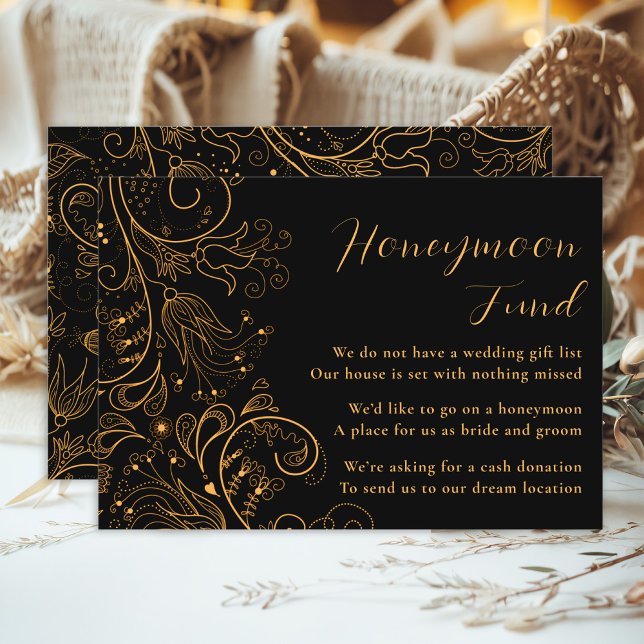 Gold Black Elegant Floral Wedding Honeymoon Fund Enclosure Card (Creator Uploaded)