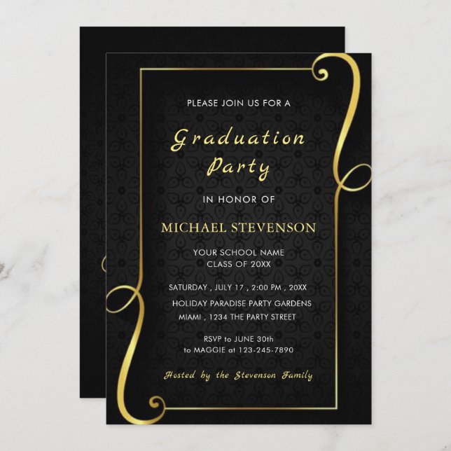 Gold Black Elegant Framed Graduation Invitation (Front/Back)