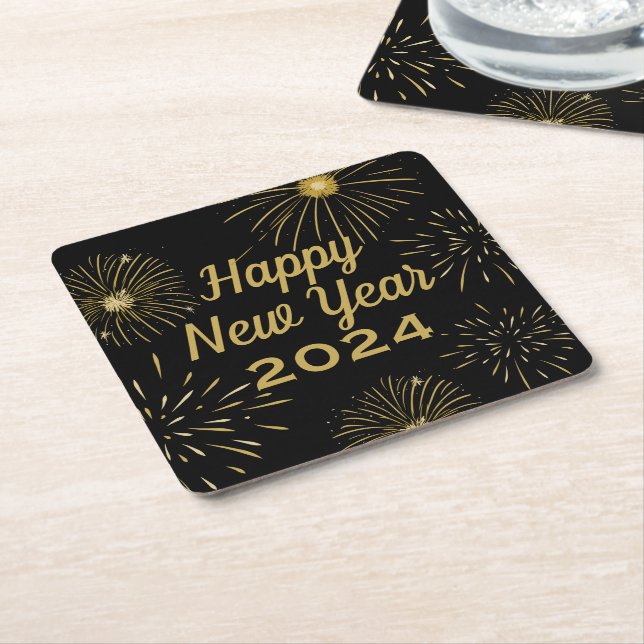 Gold Black Elegant Happy New Year 2025 Party  Square Paper Coaster (Angled)