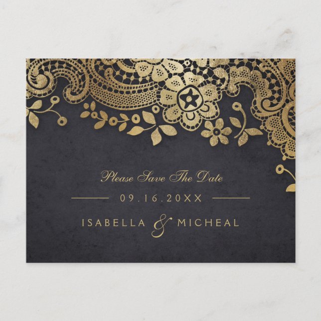 Gold black elegant lace wedding save the date announcement postcard (Front)