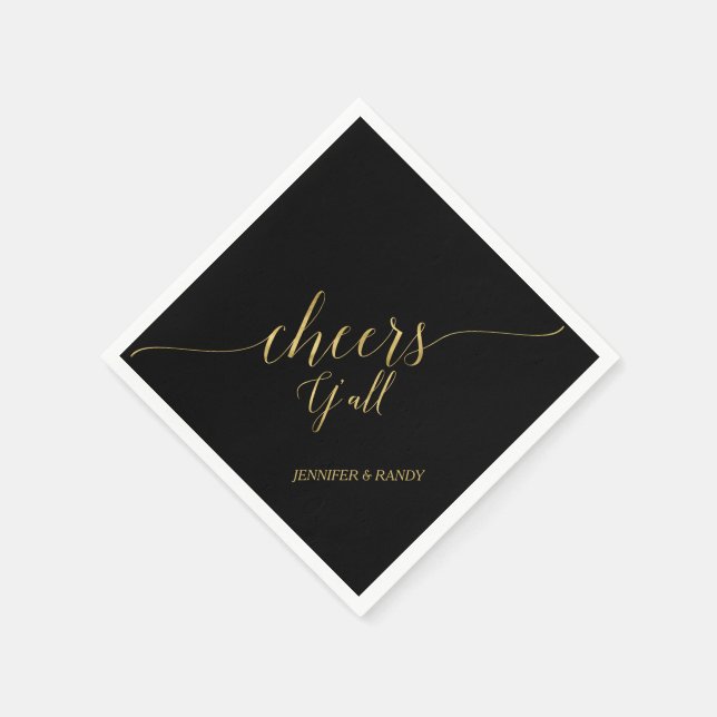Gold & Black | Elegant Lettering Cheers Y' all Napkin (Corner)